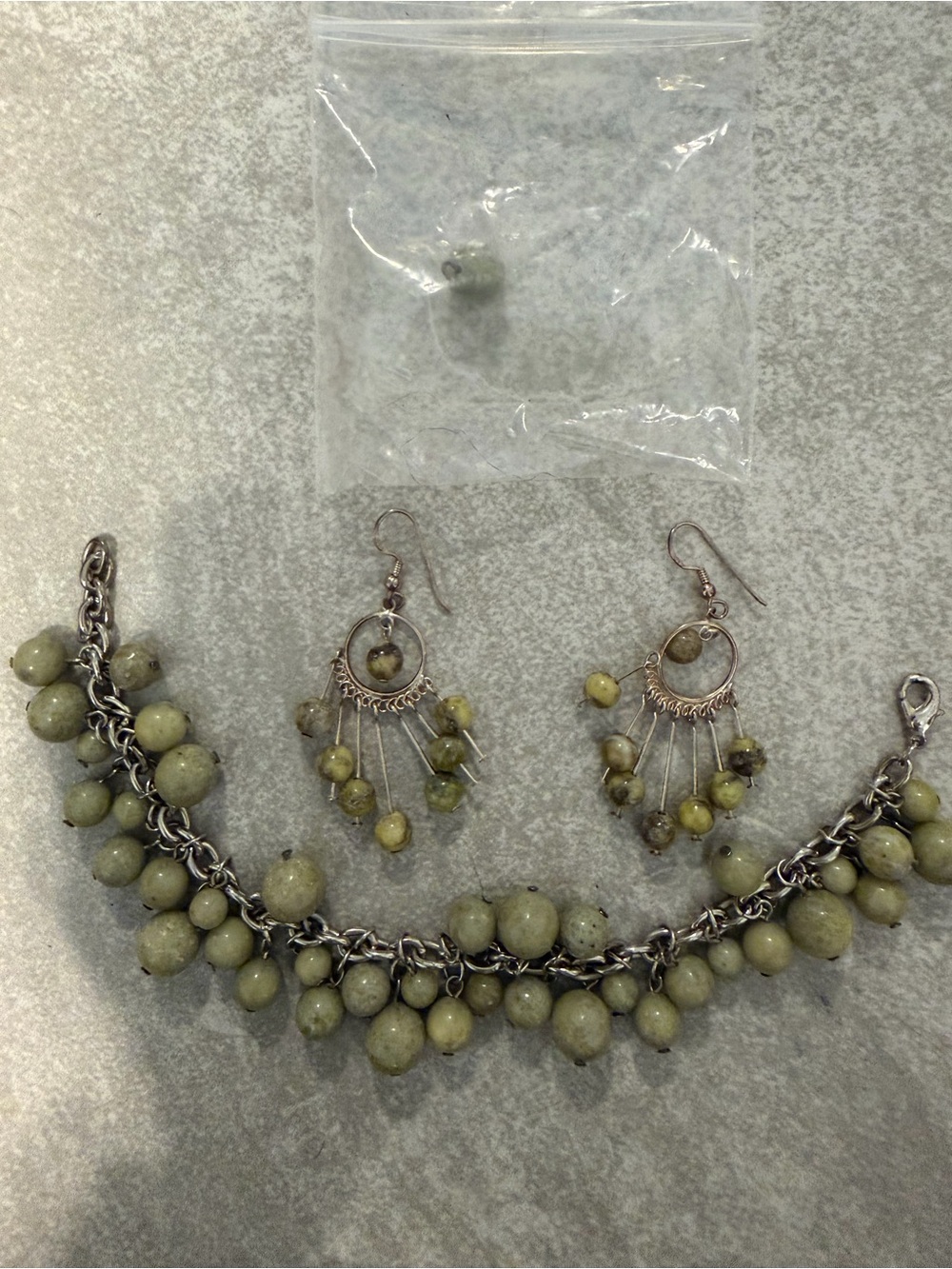 1970’s Bohemian Serpentine 925 Silver Chandelier Earrings & Bracelet
